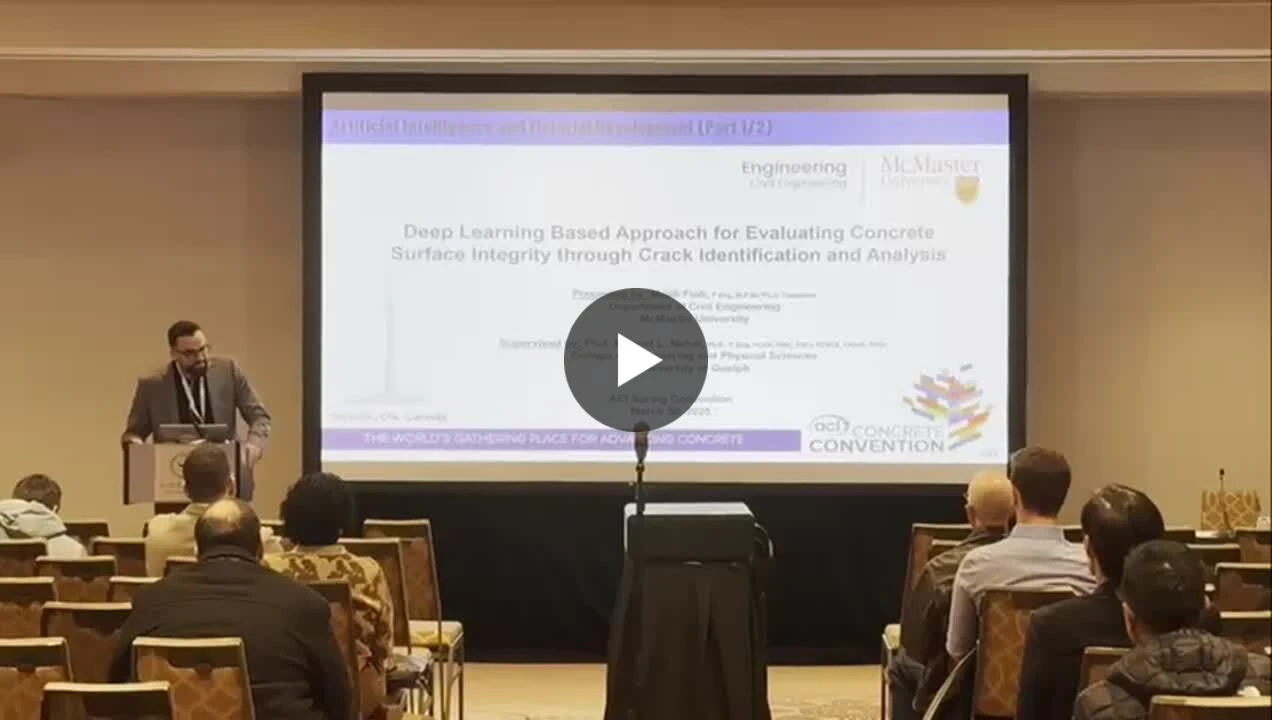 Video still of Majdi Flah presenting concrete research at the 2025 ACI Spring Convention