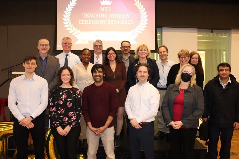 Group photograph of the 2025 McMaster Students Union teaching award recipients, including Majdi Flah